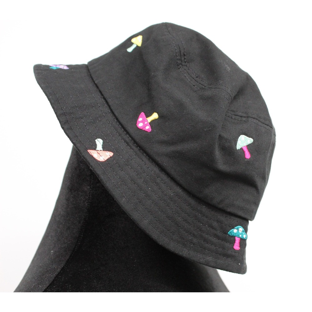 A-Lab Black Mushroom Embroidered Bucket Hat Cotton Streetwear‎ Festival Cap